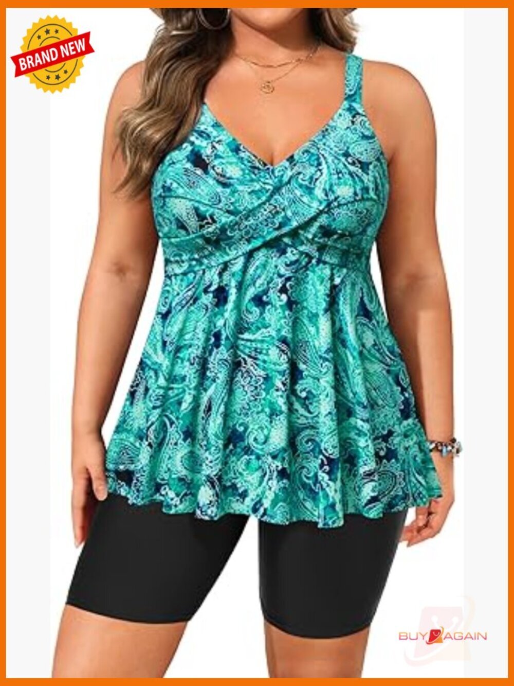 Plus Size Tankini Set with Shorts Tummy Control Flowy Swimwear V Neck